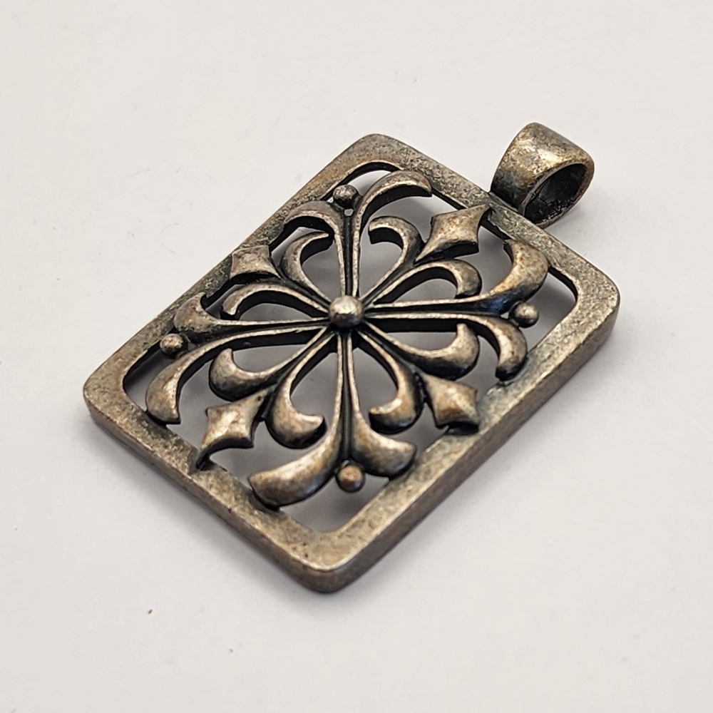 Vintage Handcrafted Pewter Square Filigree Swirl Pendant